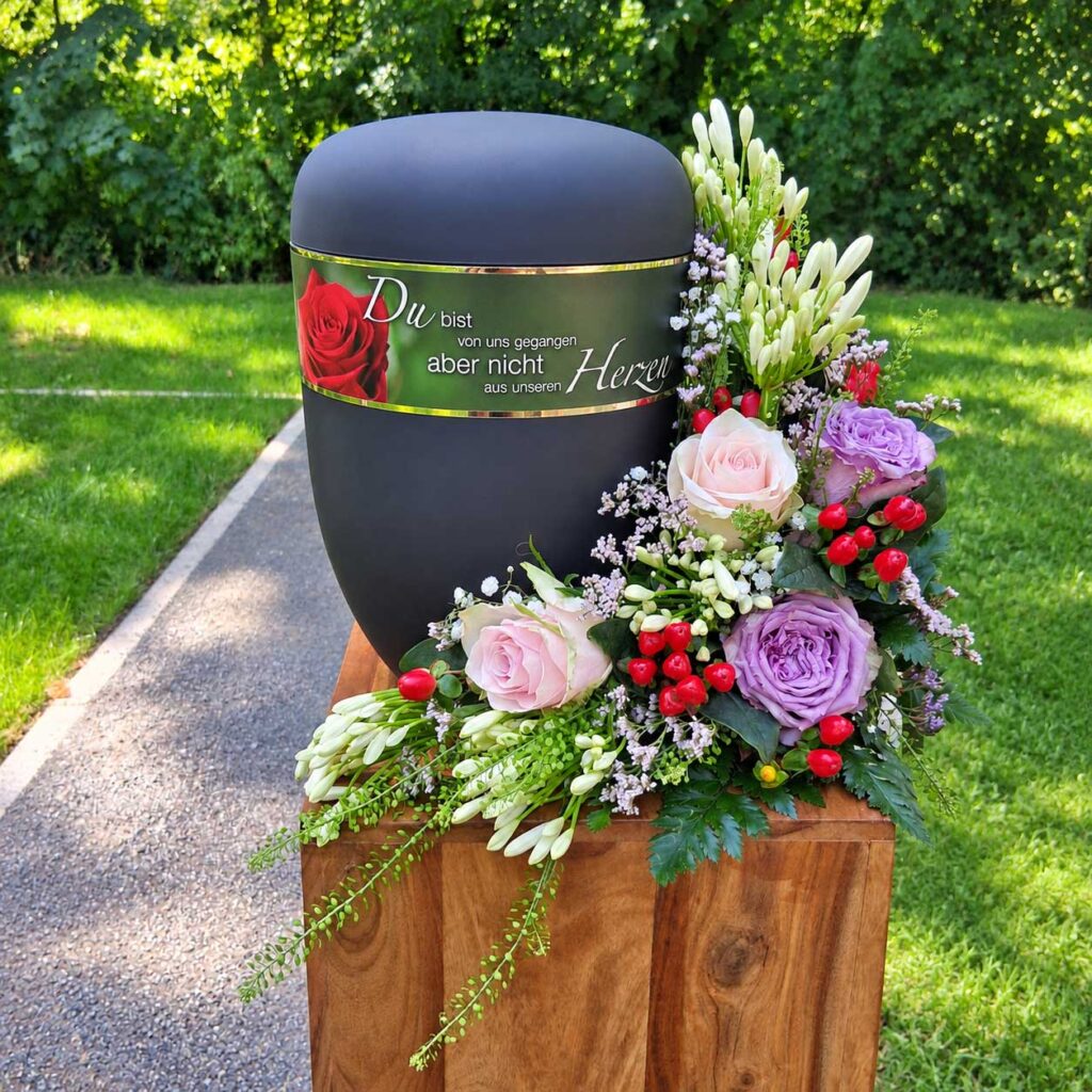 Albatros-Bestattungen® Graue Urne mit Rosengesteck auf Holzsäule