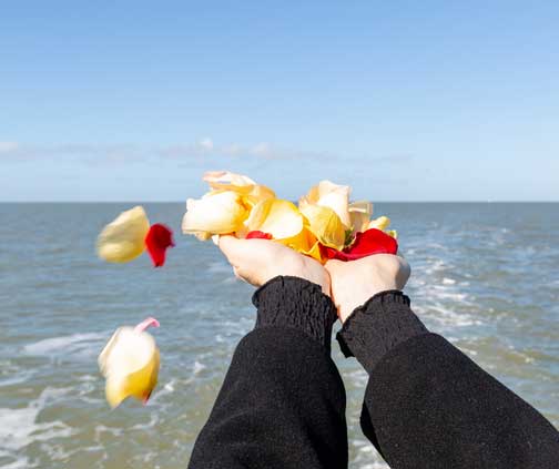 Albatros-Bestattungen® Eine Frau lässt zum Abschied Blüten ins Meer fallen